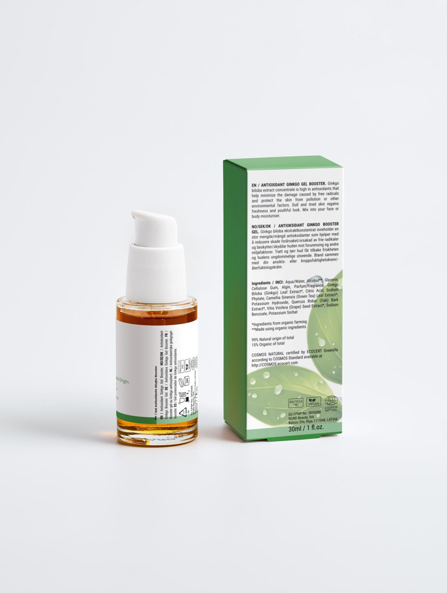 Gel Antioxidante com Ginkgo Biloba em embalagem de vidro com válvula pump e caixa verde da Unnamed Cosmetics