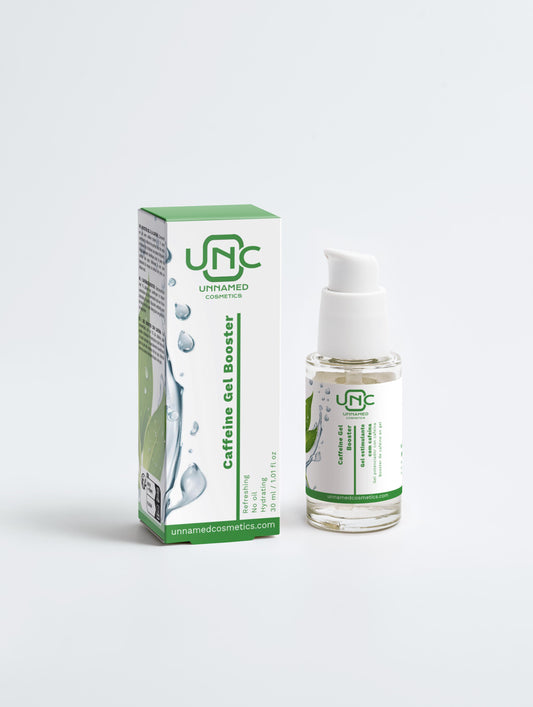 Gel Concentrado com 1 por cento Cafeina booster facial Unnamed Cosmetics com embalagem e frasco