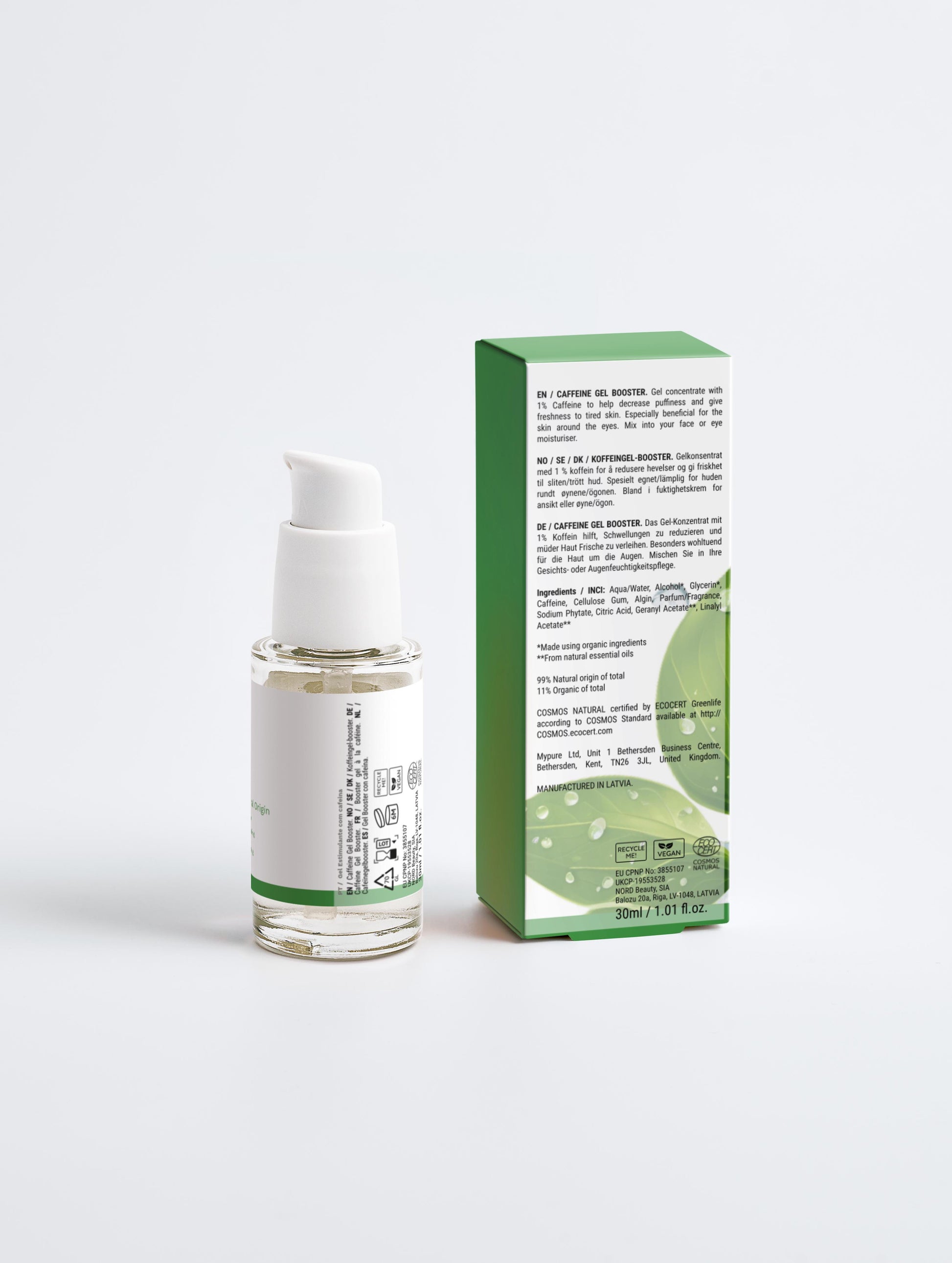 Gel Concentrado com 1 por cento Cafeina booster em embalagem transparente com valvula e caixa verde