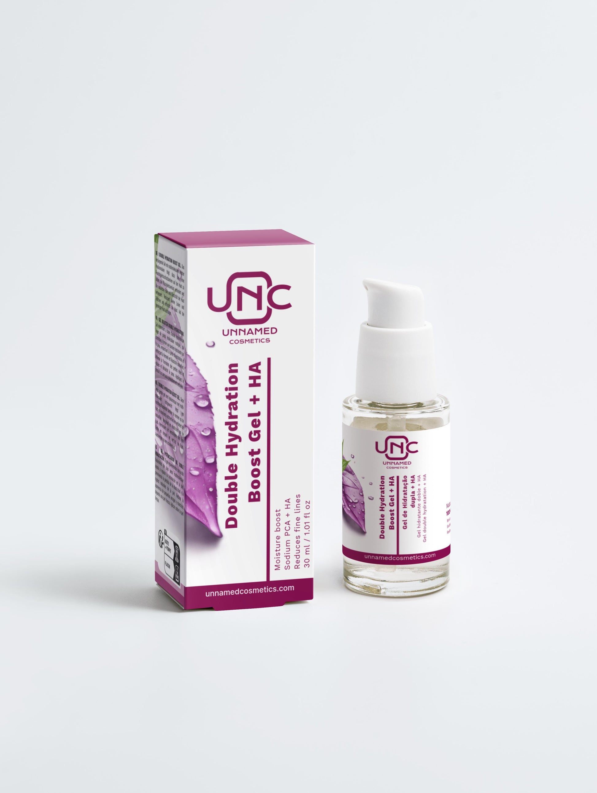 Gel Hidratante com Acido Hialuronico Unnamed Cosmetics embalagem branca e roxa com frasco transparente