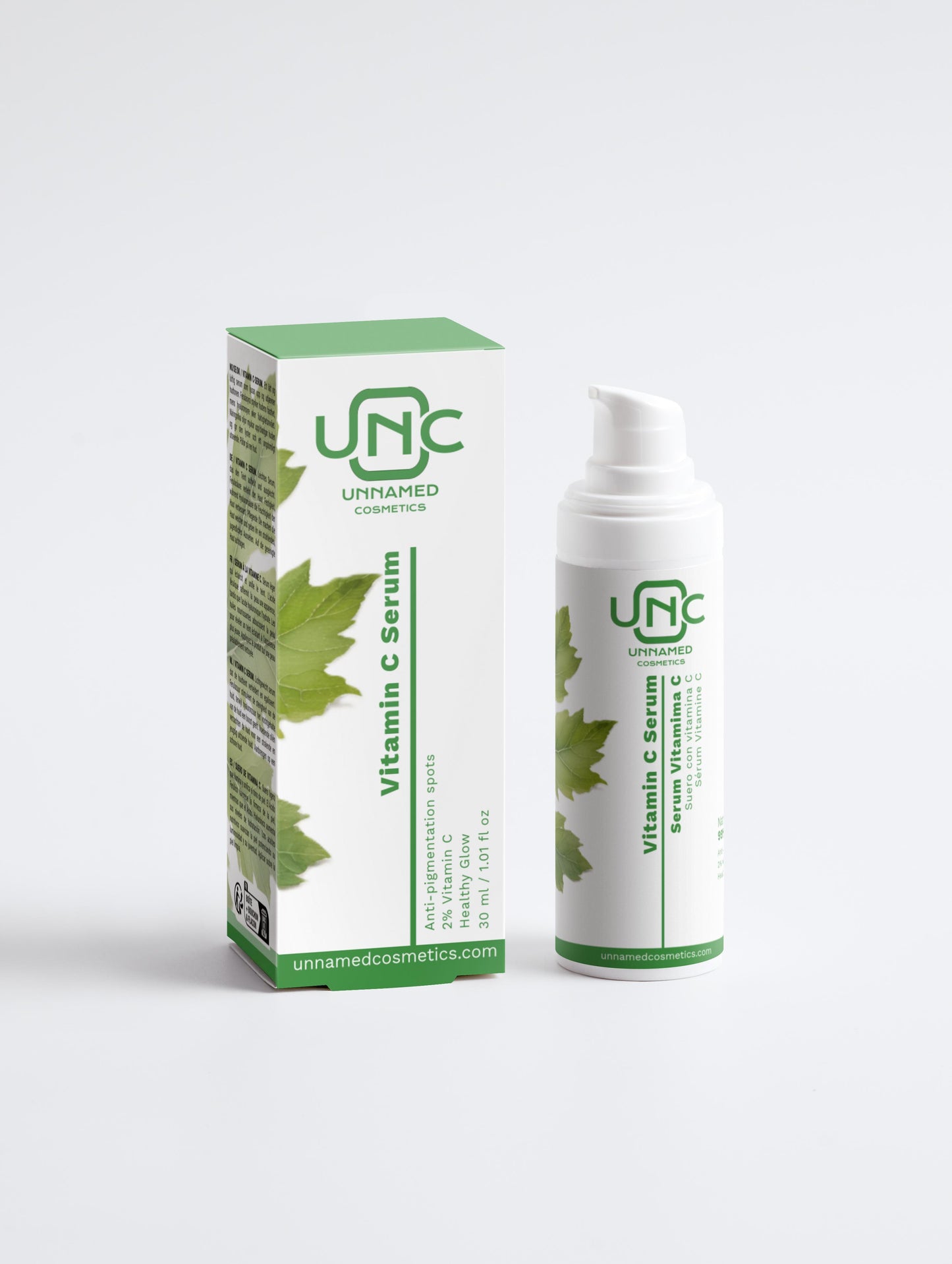 Serum Vitamina C Energizante da Unnamed Cosmetics com embalagem branca e verde com detalhe de folha